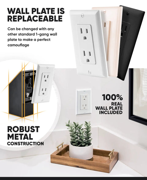 Diagram showing Electrical Outlet Hidden Wall Safe With Real Wall Plate Included, replaceable faceplate, and robust metal construction.