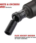 Close-up of Three Eighths Inch Drive Deep And Standard Universal Impact Socket Set, 6 Point, CR-MO Steel, Flex Socket Head in use.
