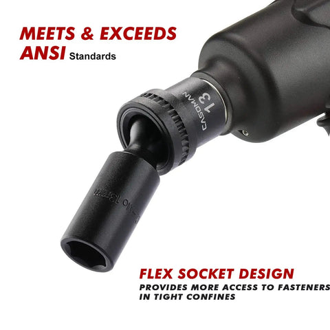 Close-up of Three Eighths Inch Drive Deep And Standard Universal Impact Socket Set, 6 Point, CR-MO Steel, Flex Socket Head in use.