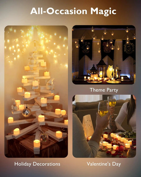 72 Pack Flickering Flameless Tea Lights LED Candles Battery Operated With Over 200 Hours Run Time Realistic Melted Wax Look in holiday decor.