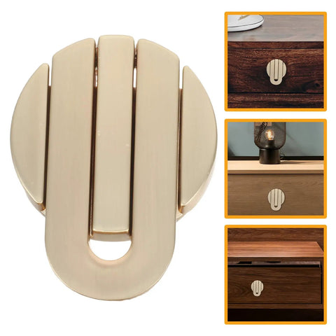 Concealed Round Drawer Pulls Solid Brass Cabinet Knobs Vintage Vibe Style Single Hole Dresser Handles For Kitchen Cupboard Closet Hardware Easy Install No Fuss in gold finish, shown in close-up and mounted on furniture.