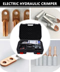 Upgraded 120KN Electric Hydraulic Cable Lug Crimping Machine With LCD Display And Two Rechargeable Batteries For Terminal Pliers 16-400mm Square Millimeter Crimper With Twelve Dies showcases various cable lugs and carrying case.