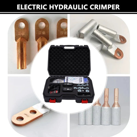 Upgraded 120KN Electric Hydraulic Cable Lug Crimping Machine With LCD Display And Two Rechargeable Batteries For Terminal Pliers 16-400mm Square Millimeter Crimper With Twelve Dies showcases various cable lugs and carrying case.