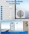 Winbot W2S Window Cleaning Robot With Edge To Edge Cleaning And TruEdge Scrubbers shown with seven cleaning modes and app control.