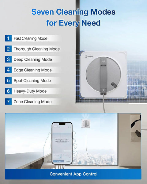 Winbot W2S Window Cleaning Robot With Edge To Edge Cleaning And TruEdge Scrubbers shown with seven cleaning modes and app control.