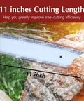 Close-up of an 11-inch cutting bar in action on wood, highlighting the Beast Power Gas Pole Saw With 16 Foot Reach And 42 7cc 2 Stroke Engine 11 Inch Cutting Bar Extension Pole For Tall Branches And Hard To Reach Limbs Long Reach Tree Trimmer For Serious Yard Work.