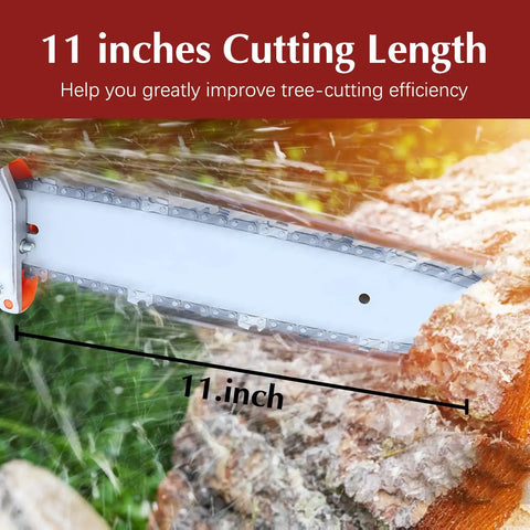 Close-up of an 11-inch cutting bar in action on wood, highlighting the Beast Power Gas Pole Saw With 16 Foot Reach And 42 7cc 2 Stroke Engine 11 Inch Cutting Bar Extension Pole For Tall Branches And Hard To Reach Limbs Long Reach Tree Trimmer For Serious Yard Work.