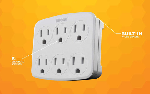 Six Outlet Wall Adapter Turns One Outlet Into Six Grounded Ports With Built In Phone Cradle Space Saving White Electrical Outlet Extender