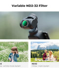 Premium Magnetic Wide Angle Lens And ND CPL Filter Kit For Osmo Pocket 4/3 with ND2-32 filter displayed on camera.