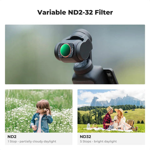 Premium Magnetic Wide Angle Lens And ND CPL Filter Kit For Osmo Pocket 4/3 with ND2-32 filter displayed on camera.