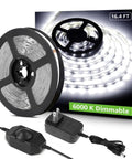 16.4Ft Dimmable LED Strip Lights With 300 High Brightness 2835 LEDs, Daylight White 6000K, packaging and adapter visible