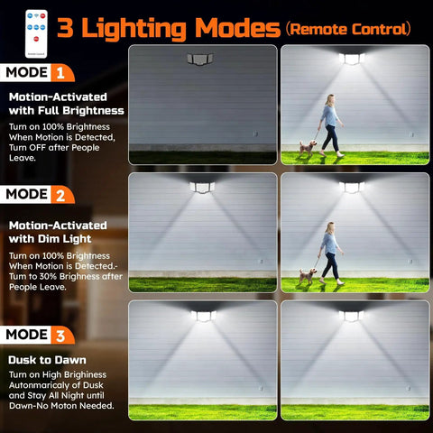 LED Motion Sensor Security Flood Lights With Remote Control, Daylight 6500K 20W 3000 Lumens, Dusk to Dawn Outdoor Floodlight, Waterproof 3 Head, Hardwired for Driveway Garage Porch, showing three lighting modes in use