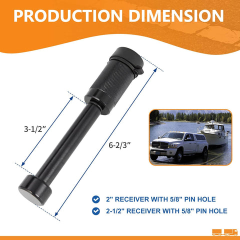 Heavy Duty Trailer Hitch Lock with 5/8 Inch Pin, 3-1/2 Inch Long next to image of truck and boat with dimensions overlay