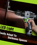 Cordless Drill Driver Kit For Home Projects 12V Lightweight 1.8 Lb With Three Eighths Inch Keyless Chuck in use with LED light
