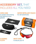 Reevo Safety Glasses With Red Mirror Lens UV U6 And Impact Rated ANSI Z87.1 with hard case, pouch, cleaning cloth, neck cord