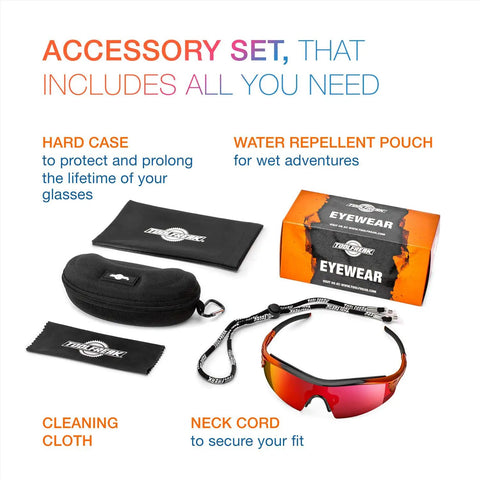 Reevo Safety Glasses With Red Mirror Lens UV U6 And Impact Rated ANSI Z87.1 with hard case, pouch, cleaning cloth, neck cord