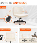Cross Legged Comfy Office Desk Chair With Wheels Armless Swivel Fabric Seat Wide Space Saving Vanity Chair for Home Computer Task Beige