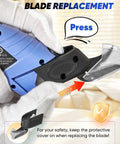 Rechargeable Cordless Electric Fabric Scissors And Cardboard Cutter With Tungsten Steel Blade showing blade replacement instructions.