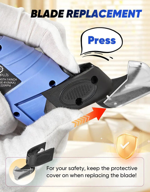 Rechargeable Cordless Electric Fabric Scissors And Cardboard Cutter With Tungsten Steel Blade showing blade replacement instructions.