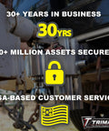 Security lock on trailer hitch with overlay text highlighting 30+ years in business, 10+ million assets secured, and USA-based service