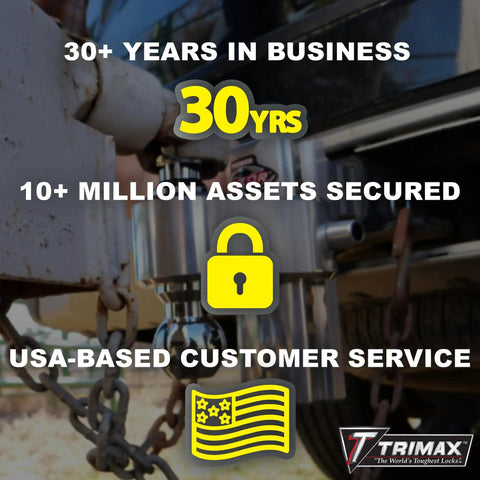 Security lock on trailer hitch with overlay text highlighting 30+ years in business, 10+ million assets secured, and USA-based service