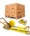 Ultra Badass Heavy Duty J Hook Ratchet Straps For Hauling Cargo On Trailers And Pickups Two By Twelve Feet 10k Break Strength Yellow polyester tie downs with steel hooks.