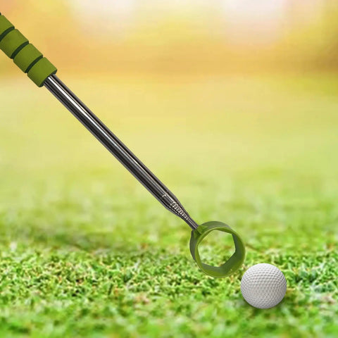 Your Go To 15 Foot Extendable Golf Ball Retriever with aluminum shaft on grass near a golf ball