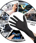 Black nitrile disposable gloves, latex-free, size Large, pack of 100; front view of gloved hand
