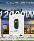 Rugged Heavy Duty 12000W Solar Hybrid Inverter displayed outdoors with solar panels, 48V DC to 120V and 240V AC capabilities.