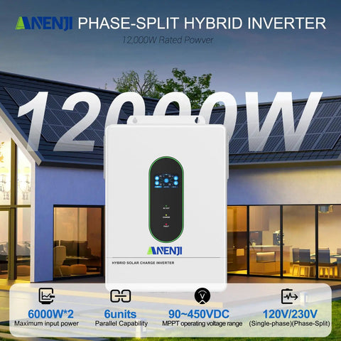 Rugged Heavy Duty 12000W Solar Hybrid Inverter displayed outdoors with solar panels, 48V DC to 120V and 240V AC capabilities.