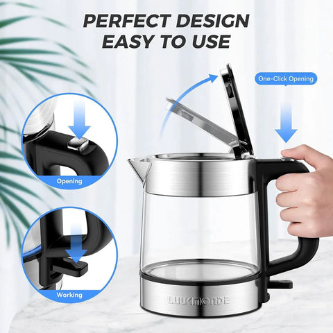 Electric Glass Kettle 1L, Fast 1500W Boil, Cordless Tea Kettle With LED Indicator, BPA Free, Auto Shut Off And Boil Dry Protection