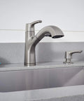 Parkwood Single Handle Pullout Kitchen Faucet With Dual Sprayer Aerated Stream Or Spray Stainless Finish ADA Compliant 120 Degree Swivel Spout Fits Single Hole Install Optional Deck Plate RP100681SS installed on grey countertop