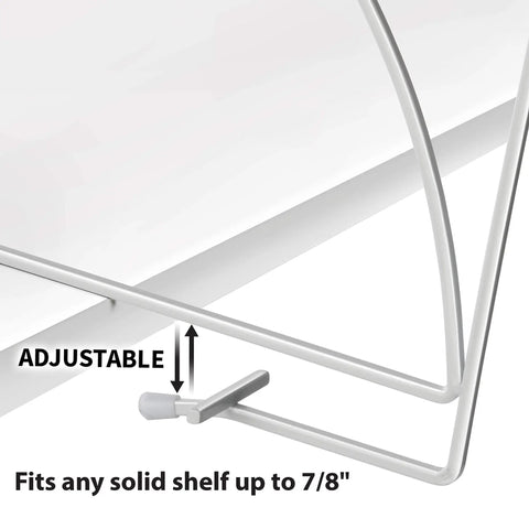 Adjustable metal detail of heavy duty white shelf divider for closet organization and linen storage, fits shelves up to 7/8 inch thick