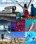 Beast Mode 80x100 Monocular Telescope With Lights For Adults, High Power Handheld Scope With Smartphone Holder And Tripod, Perfect For Bird Watching And Stargazing, Ultra Clear View, black handheld monocular shown with outdoor scenes