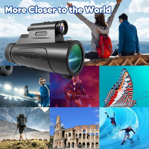 Beast Mode 80x100 Monocular Telescope With Lights For Adults, High Power Handheld Scope With Smartphone Holder And Tripod, Perfect For Bird Watching And Stargazing, Ultra Clear View, black handheld monocular shown with outdoor scenes