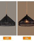 Boho Rattan Pendant Light With On Off Switch, Plug In Hanging Lamp On 15 Ft Hemp Rope, 12 Inch Handwoven Basket Shade, Off and On