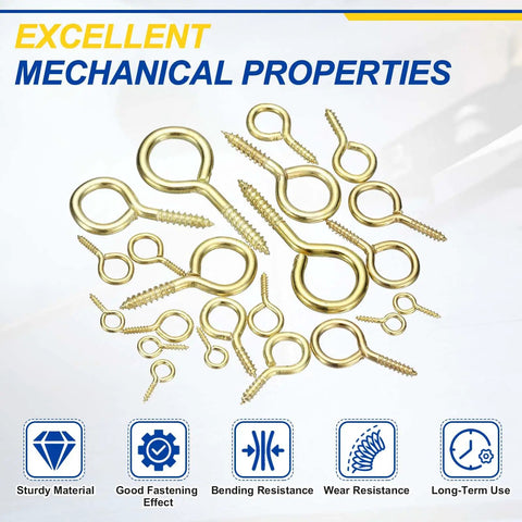 No Mess Heavy Gold Screw Eye Hooks Four Count Featuring Knockout Carbon Steel Build Rock Solid Thread Grip for DIY Projects.