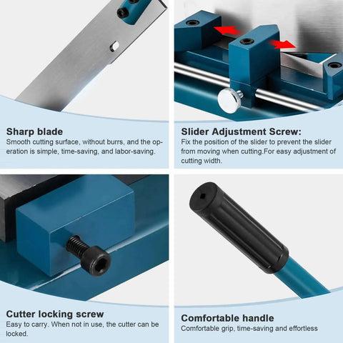 Close-up of PVC Wire Duct Cutter Tool showing sharp blade, slider adjustment screw, cutter locking screw, and comfortable handle.