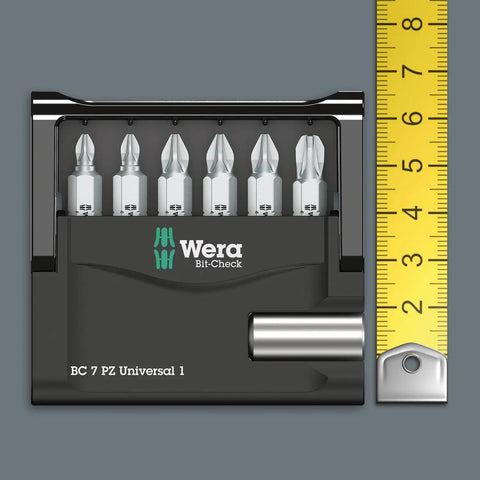 Pozidriv Mini-Check PZ Sheet Metal Bit Set With Universal Bit Holder, Nine Bits In Compact Case next to measuring tape