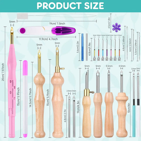 Purple Punch Needle Kit For Beginners With Wooden Handles And Adjustable Needles In Three Sizes Complete Craft Set With Storage Case Dope Gift For DIY Embroidery And Textile Art dimensions and components.