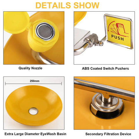 Wall Mounted Eye Wash Station With Dual Nozzles And Internal Filtered Water For Fast Emergency Eye Wash And Eye Irrigation Simple To Use First Aid Gear For High Risk Worksites And Industrial Safety showing quality nozzle, ABS switch, large basin, and filter device