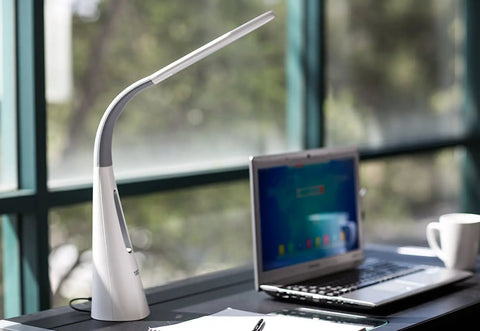 LED Desk Lamp With Ultra Quiet Bladeless Fan, Dimmable Gooseneck, Touch Control on office desk near window