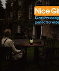 Go Anywhere Retro Vibe Battery Powered LED Hurricane Lantern on outdoor table, soft glow, copper finish, night setting