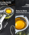 Stainless Steel Egg Separator And Yolk White Filter No Mess Kitchen Gadget displaying dimensions and yolk separation in glass bowl