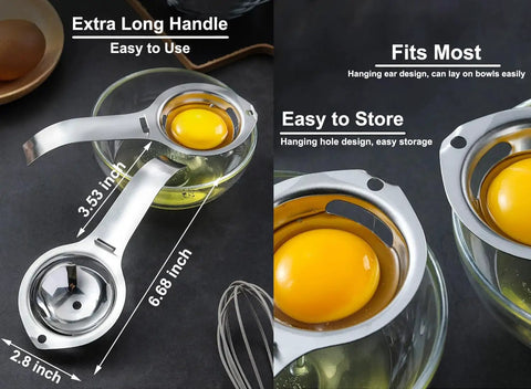 Stainless Steel Egg Separator And Yolk White Filter No Mess Kitchen Gadget displaying dimensions and yolk separation in glass bowl