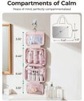 Open Travel Toiletry Bag For Women With Hanging Hook, showing dual zip compartments and clear window, hanging on a wall