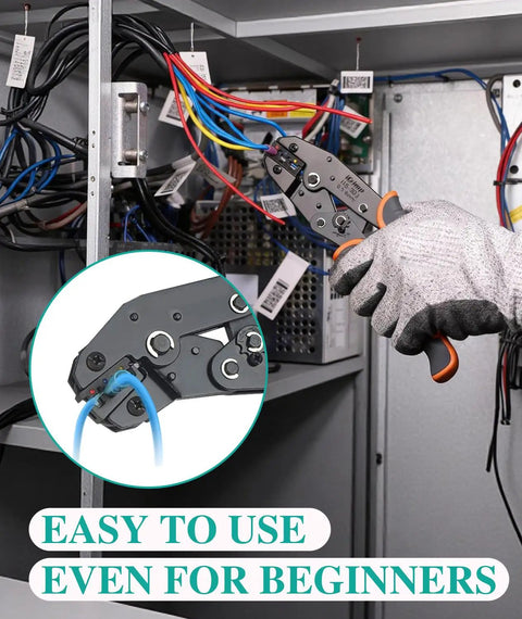 Pro Grade 300Piece Heat Shrink Butt Wire Connectors Kit For 22 To 10 AWG Insulated Waterproof Wires in use with crimping tool