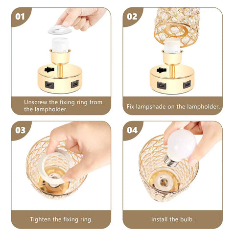 Assembly instructions for Gold Crystal Bedside Lamps Set Of 2 With Dual USB Charging Ports, featuring 130 K9 crystals.