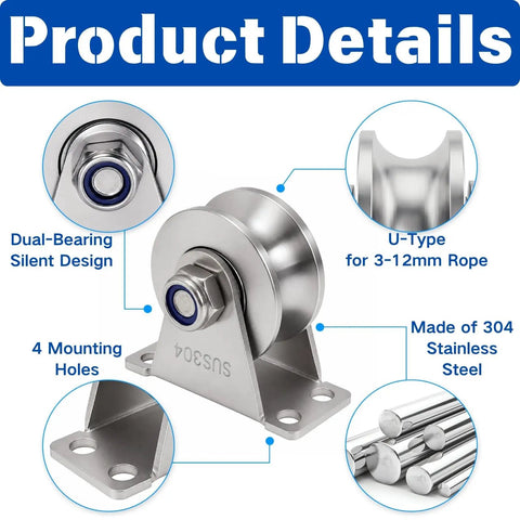 2 Pack U Groove Pulley Wheel For Rope With Stainless Steel Cable Pulley Wheel And Screws Wall Mounted Lifting Pulley Block With Duplex Bearings Heavy Duty DIY Gear For Gym Equipment And Sliding Rolling Gates, 304 stainless steel U-groove pulley with 4 mounting holes