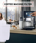 8 Pack Replacement Water Filters For Siemens Eq Series And Bosch Vero Coffee Machines With Premium Activated Carbon For Straight Up Fresh Brews Total Zero Drama next to a coffee machine.
